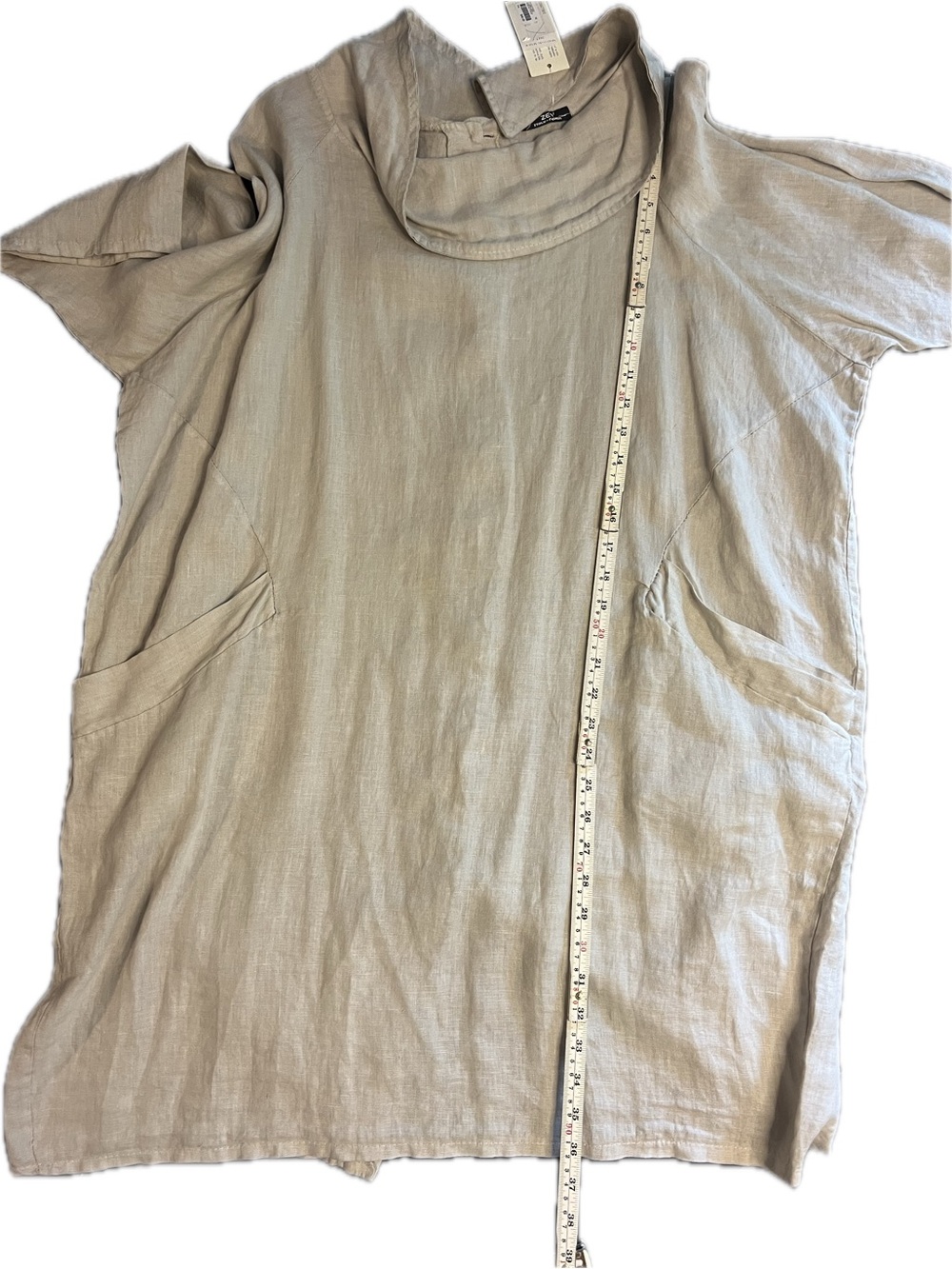 Zen Italian beige linen button up/back, regal collar/cowl dress w/pockets-NWT - Picture 10 of 16